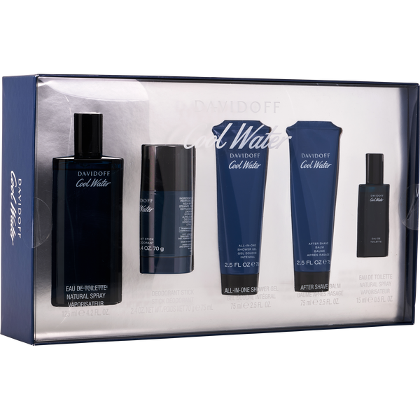 Cool Water Eau De Toilette Spray 4.2 oz & Aftershave Balm 2.5 oz & Shower Gel 2.5 oz & Deodorant Stick 2.4 oz & Eau De Toilette 0.5 oz Mini
