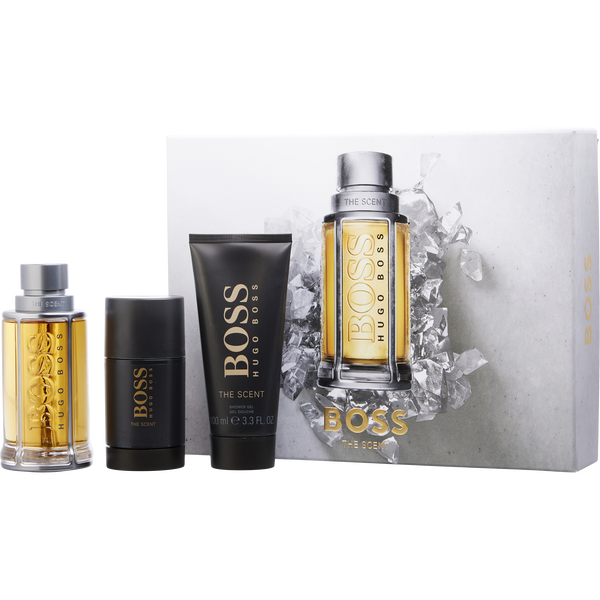 Boss The Scent by Hugo Boss, Eau De Toilette Spray 3.3 oz & Deodorant Stick 2.4 oz & Shower Gel 3.3 oz