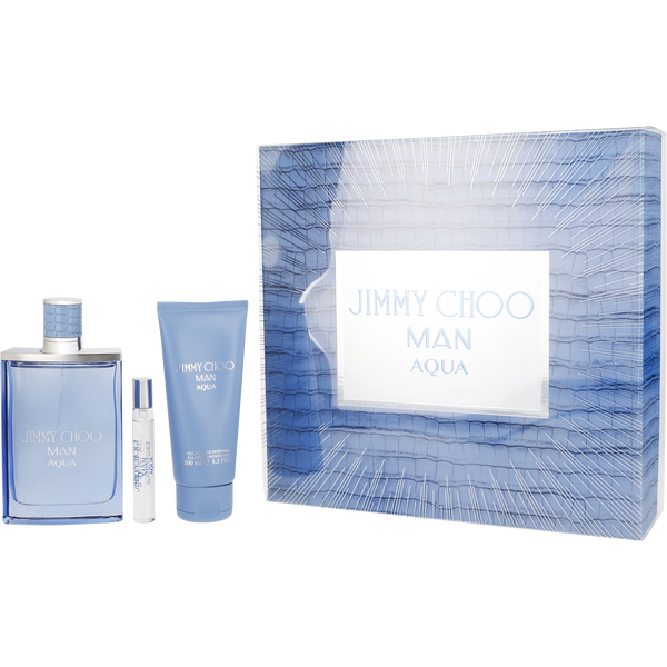 Jimmy Choo Man Aqua Eau De Toilette Spray 3.3 oz & Shower Gel 3.3 oz & Eau De Toilette Spray 0.25 oz Mini