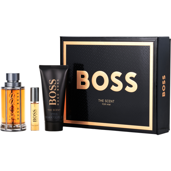 Boss The Scent by Hugo Boss, Eau De Toilette Spray 3.3 oz & Shower Gel 3.3 oz & Eau De Toilette Spray 0.33 oz Mini