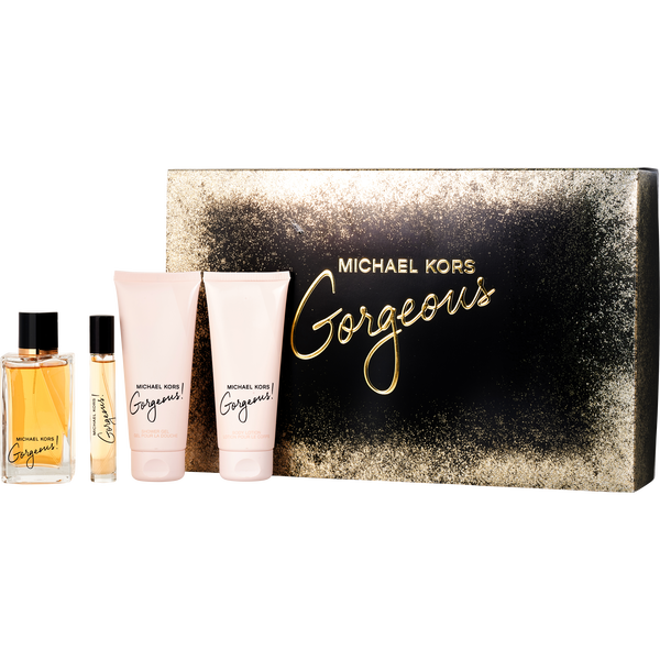 Michael Kors Gorgeous! by Michael Kors, Eau De Parfum Spray 3.4 oz & Body Lotion 3.4 oz & Shower Gel 3.4 oz & Eau De Parfum Spray 0.34 oz Mini