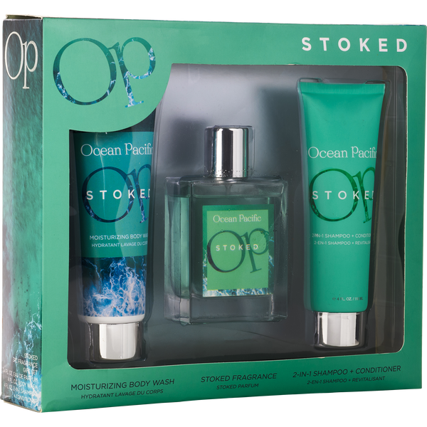 Op Stoked by Ocean Pacific, Eau De Parfum Spray 3.4 oz & Body Wash 4 oz & Shampoo + Conditioner 4 oz