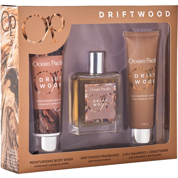 Op Driftwood by Ocean Pacific, Eau De Parfum Spray 3.4 oz & Body Wash 4 oz & Shampoo + Conditioner 4 oz