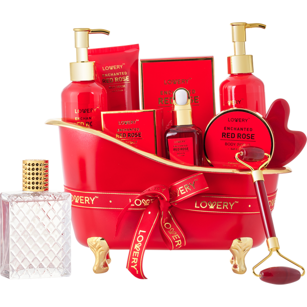 Lovery Red Rose by Lovery, Eau De Parfum Spray 2.5 oz & Shower Gel 5 oz & Bubble Bath 5 oz & Body Scrub 1.69 oz & Bath Salt 3.5 oz & Mud Mask 3.38 oz Bath Oil 1 oz & Face Roller & Gua Sha Stone & Red Tub & Gift Note