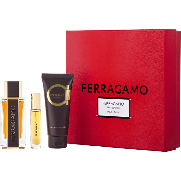 Ferragamo Spicy Leather by Salvatore Ferragamo, Parfum Spray 3.4 oz (Special Edition) & Shampoo & Shower Gel 3. 4 oz & Parfum Spray 0.34 oz Mini