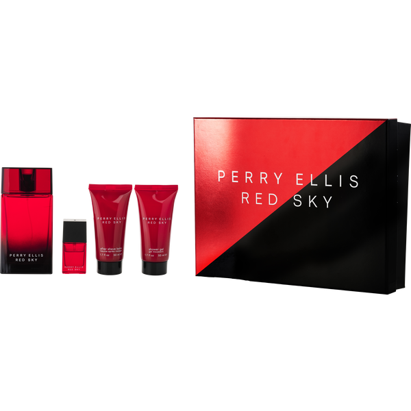 Perry Ellis Red Sky by Perry Ellis, Eau De Toilette Spray 3.4 oz & After Shave Balm 1.7 oz & Shower Gel 1.7 oz & Eau De Toilette Spray 0.25 oz Mini