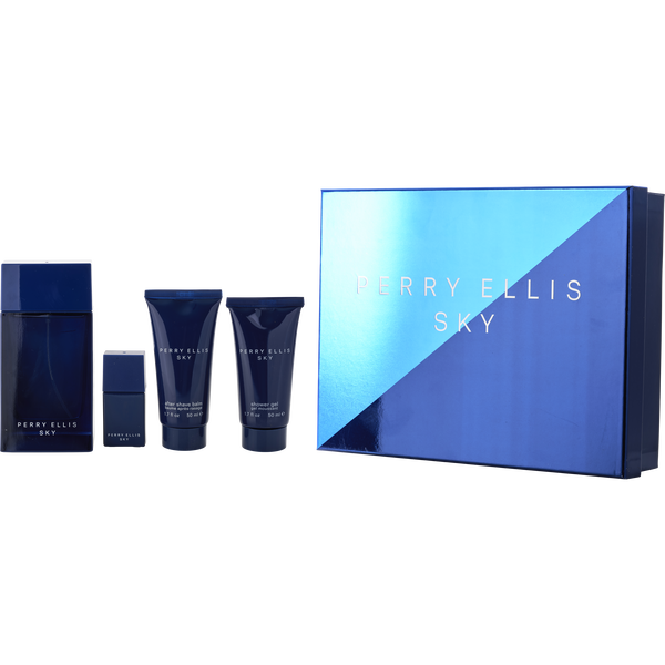 Perry Ellis Sky by Perry Ellis, Eau De Toilette Spray 3.4 oz & After Shave Balm 1.7 oz & Shower Gel 1.7 oz & Eau De Toilette Spray 0.25 oz Mini