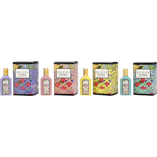 Gucci Variety by Gucci, 4 Piece Flora Set With Gorgeous Magnolia & Gorgeous Gardenia & Gorgeous Orchid & Gorgeous Jasmine And All Are Eau De Parfum 0.17 oz Minis