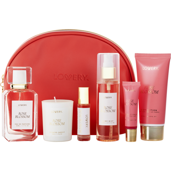 Lovery Rose Blossom by Lovery, Parfum Spray 1.7 oz & Body Lotion 3.3 oz & Body Mist 2 oz & Parfum Roll-On 0.34 oz Mini + Scented Candle 1.7 oz & Lip Balm 0.34 oz & Bag