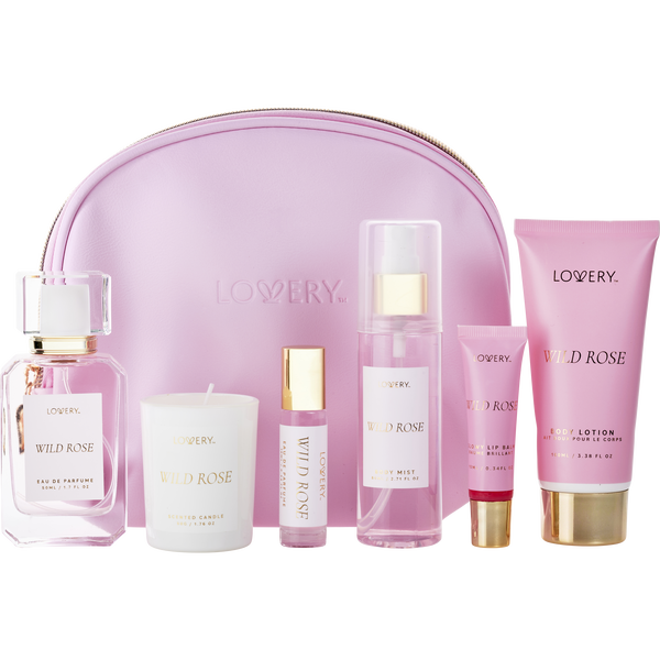 Lovery Wild Rose by Lovery, Parfum Spray 1.7 oz & Body Lotion 3.4 oz & Body Mist 2.7 oz & Candle 1.7 oz & Parfum Roll-On 0.34 oz Mini & Lip Balm 0.34 oz & Bag
