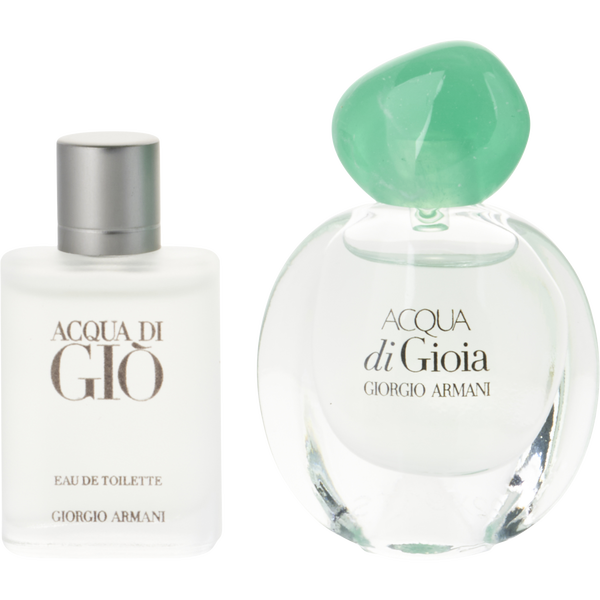 Giorgio Armani Variety Must Haves Set With Acqua Di Gio Eau De Toilette Splash & Acqua Di Gioia Eau De Parfum Splash And Both Are 0.17 oz Minis