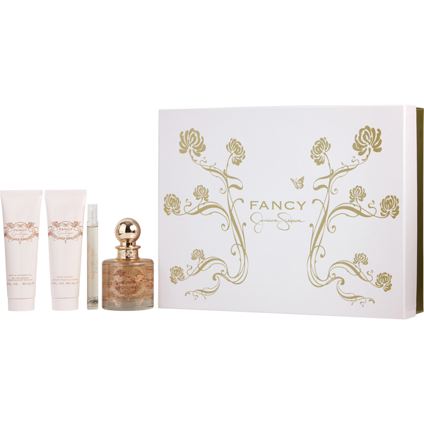Fancy by Jessica Simpson, Eau De Parfum Spray 3.4 oz & Body Lotion 3 oz & Shower Gel 3 oz & Eau De Parfum Spray 0.34 oz Mini