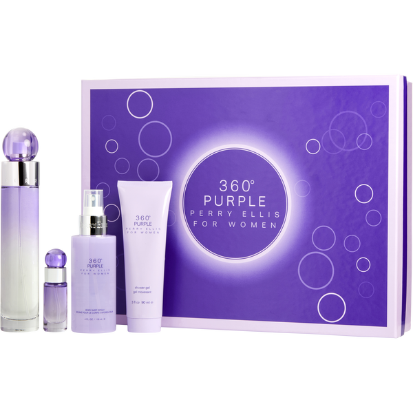 Perry Ellis 360 Purple Eau De Parfum Spray 3.4 oz & Body Mist 4 oz & Shower Gel 3 oz & Eau De Parfum 0.25 oz Mini
