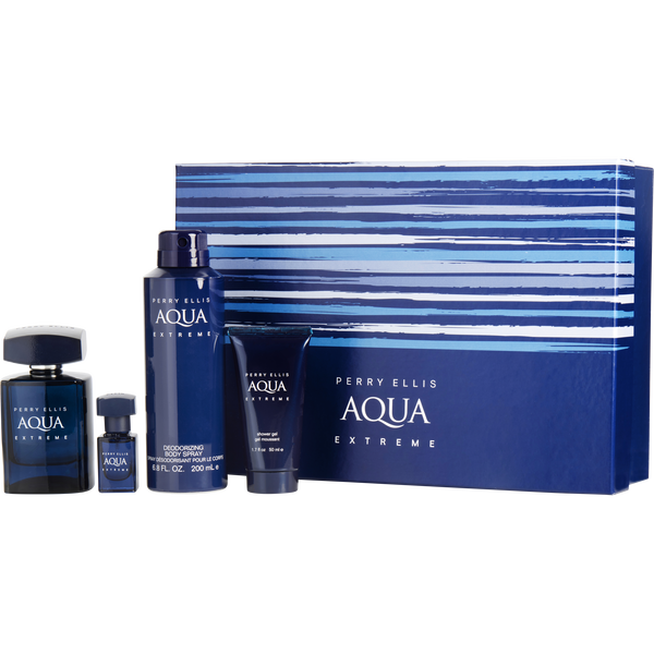 Perry Ellis Aqua Extreme by Perry Ellis, Eau De Toilette Spray 3.4 oz & Deodorant Body Spray 6.0 oz & Shower Gel 1.7 oz & Eau De Toilette Spray 0.25 oz Mini