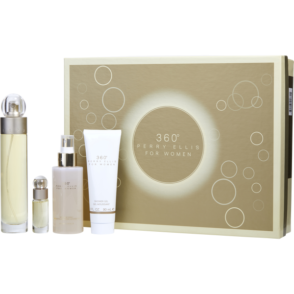 Perry Ellis 360 by Perry Ellis, Eau De Toilette Spray 3.4 oz & Body Mist 4 oz & Shower Gel 3 oz & Eau De Toilette Spray 0.25 oz Mini