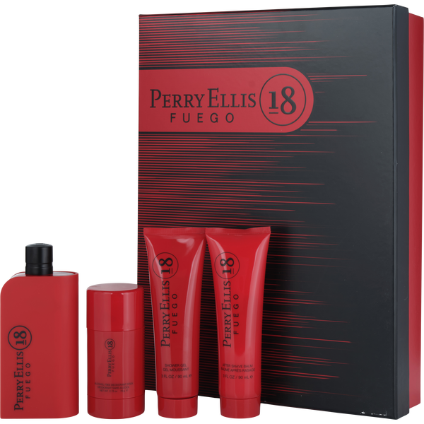 Perry Ellis 18 Fuego by Perry Ellis, Eau De Toilette Spray 3.4 oz & Aftershave Balm 3 oz & Deodorant Stick 2.75 oz & Shower Gel 3 oz