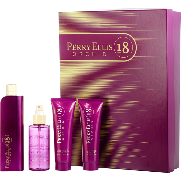 Perry Ellis 18 Orchid by Perry Ellis, Eau De Parfum Spray 3.4 oz & Body Mist 4 oz & Body Lotion 3 oz & Shower Gel 3 oz