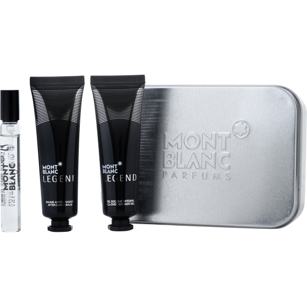 Mont Blanc Legend by Mont Blanc, Eau De Toilette Spray 0.25 oz & Aftershave Balm 1 oz & All Over Shower Gel 1 oz & Tin Box