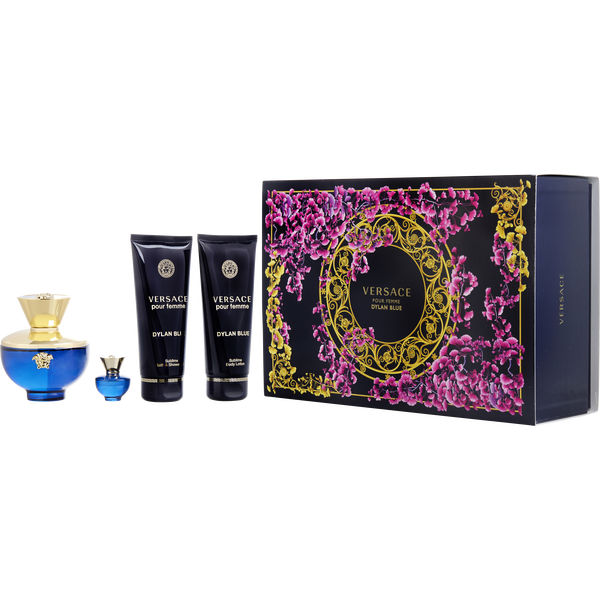 Versace Dylan Blue by Gianni Versace, Eau De Parfum Spray 3.4 oz & Body Lotion 3.4 oz & Shower Gel 3.4 oz & Eau De Parfum 0.17 oz Mini
