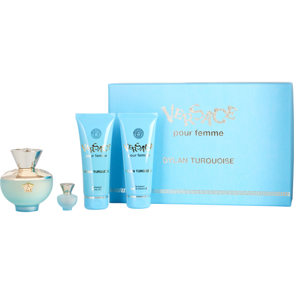 Versace Dylan Turquoise by Gianni Versace, Eau De Toilette Spray 3.4 oz & Shower Gel 3.4 oz & Body Gel 3.4 oz & Eau De Toilette 0.17 oz Mini