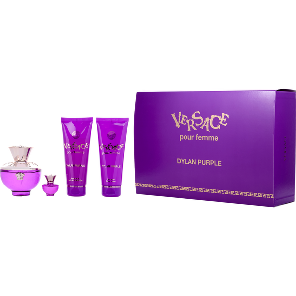 Versace Dylan Purple Eau De Parfum Spray 3.4 oz & Body Lotion 3.4 oz & Bath & Shower Gel 3.4 oz & Eau De Parfum 0.17 oz Mini