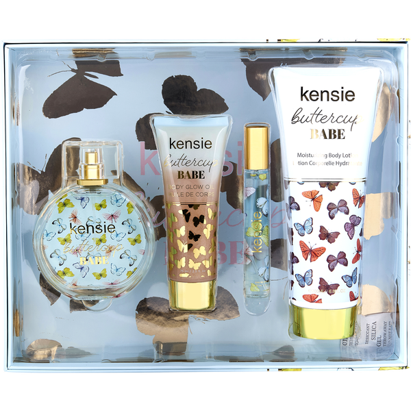 Kensie Buttercup Babe by Kensie, Eau De Parfum Spray 3.4 oz & Body Lotion 6.8 oz & Body Glow Oil 2.5 oz & Eau De Parfum Spray 0.33 oz Mini