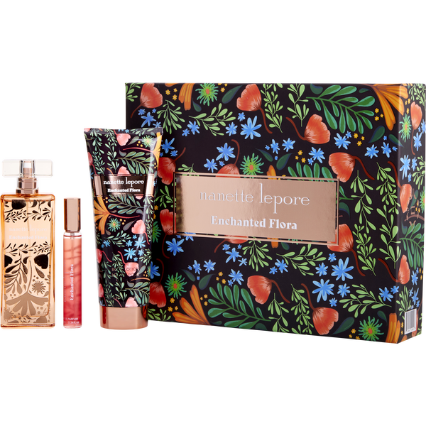Nanette Lepore Enchanted Flora by Nanette Lepore, Eau De Parfum Spray 3.4 oz & Body Lotion 6.8 oz & Eau De Parfum 0.34 oz Mini