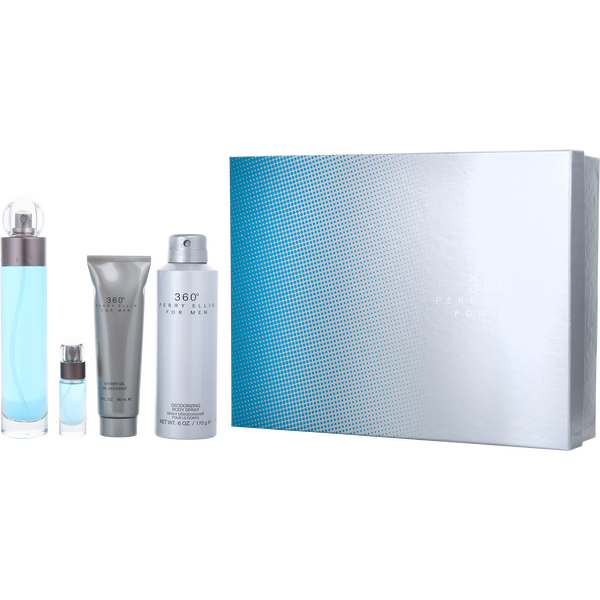 Perry Ellis 360 Eau De Toilette Spray 3.4 oz & Shower Gel 3 oz & Deodorant Body Spray 6 oz & Eau De Toilette Spray 0.25 oz Mini
