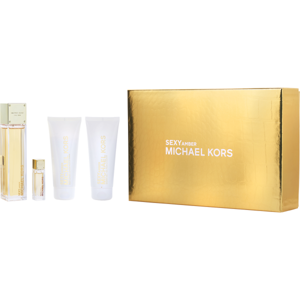 Michael Kors Sexy Amber by Michael Kors, Eau De Parfum Spray 3.4 oz & Body Lotion 3.4 oz & Shower Gel 3.4 oz & Eau De Parfum 0.17 oz Mini