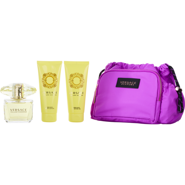 Versace Yellow Diamond Eau De Toilette Spray 3 oz & Body Lotion 3.4 oz & Shower Gel 3.4 oz & Makeup Case