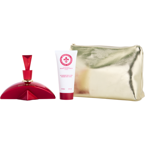 Marina De Bourbon Rouge Royal by Marina De Bourbon, Eau De Parfum Spray 3.4 oz & Body Lotion 3.4 oz & Pouch