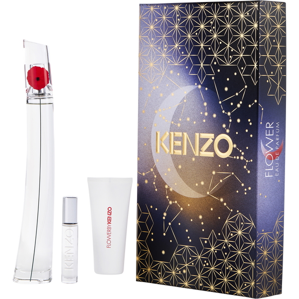 Kenzo Flower Eau De Parfum Refillable Spray 3.4 oz & Body Milk 2.5 oz & Eau De Parfum Refillable Spray 0.34 oz Mini