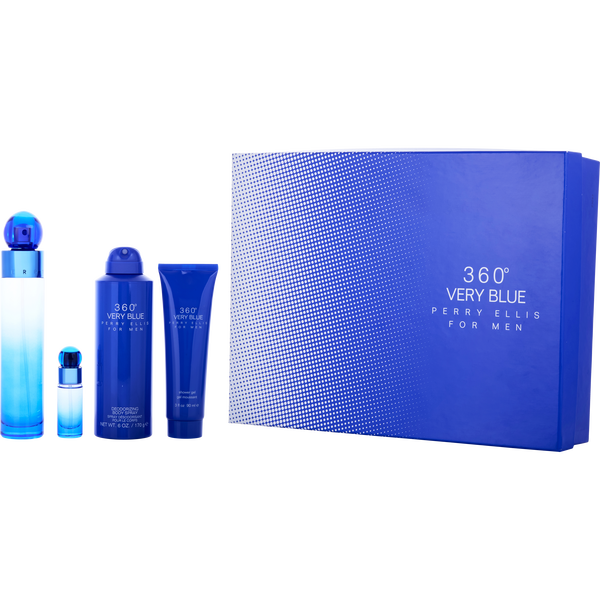 Perry Ellis 360 Very Blue by Perry Ellis, Eau De Toilette Spray 3.4 oz & Body Spray 6 oz & Shower Gel 3 oz & Eau De Toilette Spray 0.25 oz Mini