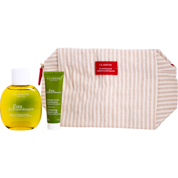 Clarins Eau Extraordinaire Treatment Fragrance Spray 3.3 oz & Shower Milk 1 oz & Pouch