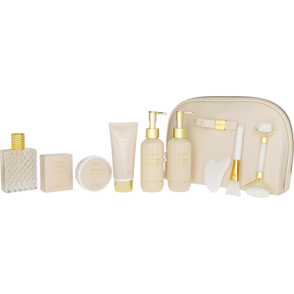 Lovery Vanilla by Lovery, Eau De Parfum Spray 2.5 oz & Bubble Bath 5 oz & Shower Gel 5 Ox & Body Scrub 2 oz & Bath Salt 3.5 oz & Mud Mask 3.38 & Face Brush & Face Roller & Gua Sha Stone & Bag