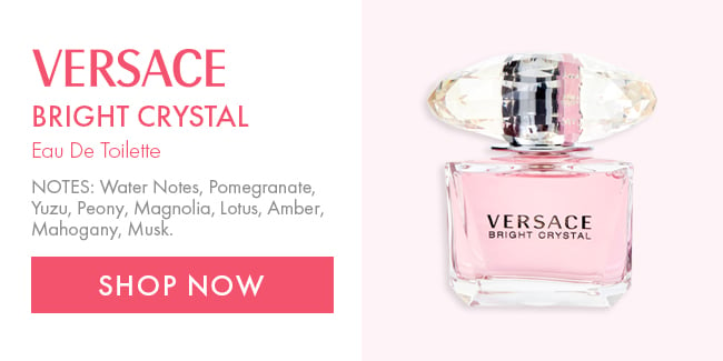 Versace. Bright Crystal. Eau De Toilette. NOTES: Water Notes, Pomegranate, Yuzu, Peony, Magnolia, Lotus, Amber, Mahogany, Musk. Shop Now