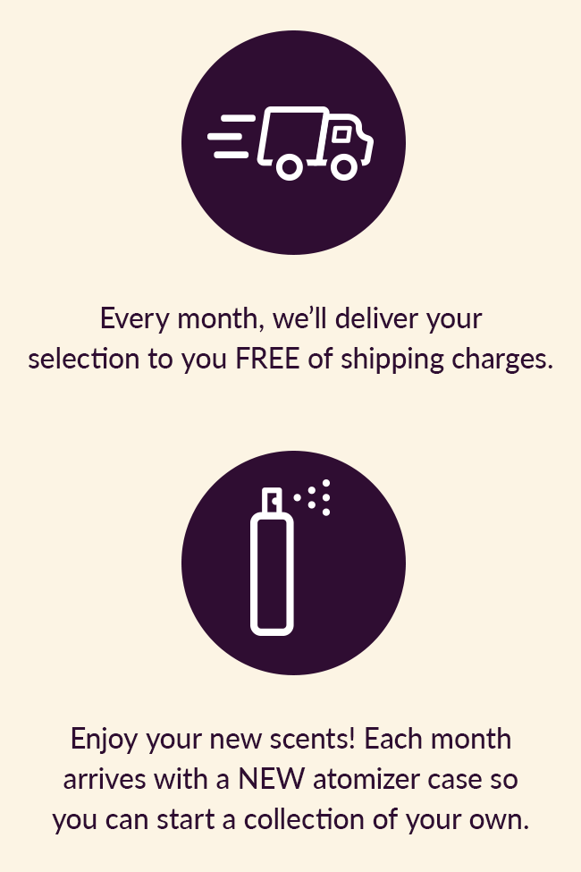 Every month, we'll deliver your selection to you Free of shipping charges. Enjoy your new scents! Each month arrives with a New atomizer case so you can start a collection of your own