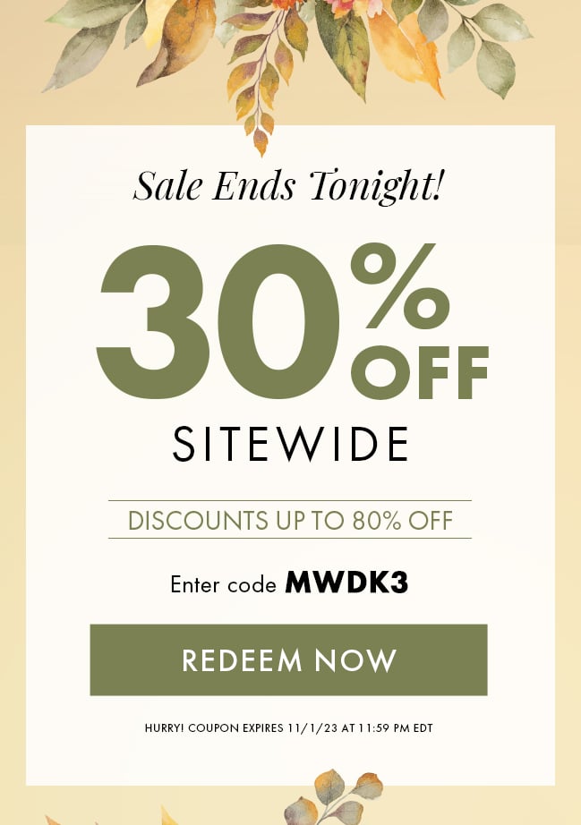 Sale Ends Tonight! 30% Off Sitewide. Discounts up to 80% Off. Enter code MWDK3. Redeem Now. Hurry! Coupon expires 11/1/23 at 11:59 PM EDT