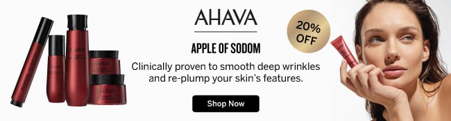 Ahava. Apple of Sodom. Clinically proven to smooth deep wrinkles and re-plump your skin's features. Shop Now