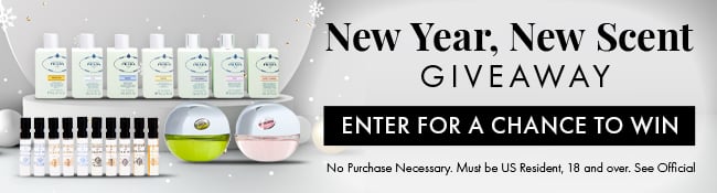 New Year, New Scent Giveaway. Enter for a chance to win. No purchase necessary. Must be US Resident, 18 and over. See Official Rules