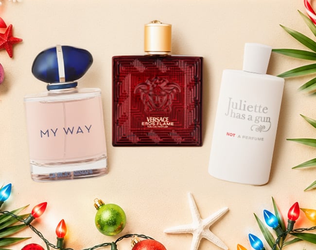 Collage of fragrances, styled for a Christmas-in-July scene
