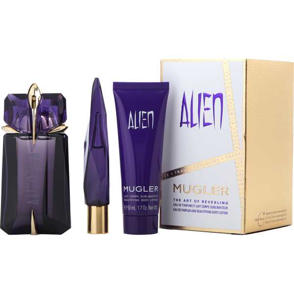 Alien by Thierry Mugler, Eau De Parfum Spray Refillable 2 oz & Body Lotion 1.7 oz & Eau De Parfum Spray Refillable 0.3 oz Mini