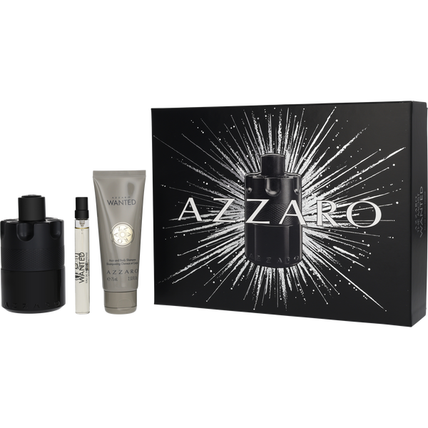 Azzaro The Most Wanted by Azzaro, Eau De Parfum Intense 3.38 oz & Hair And Body Shampoo 2.5 oz & Eau De Parfum Spray 0.33 oz Mini