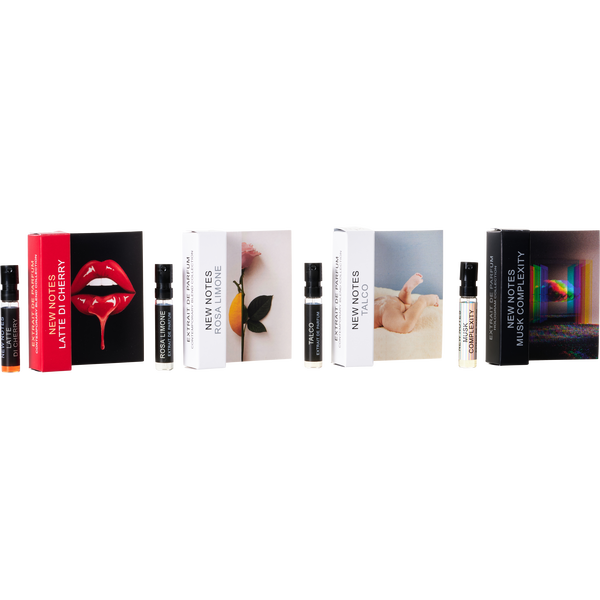 New Notes Variety by New Notes, Discovery Set With Caramelo Vanilla & Latte Di Cherry & Musk Complexity & New Leather & Osmanto Shock & Queen Of The Sea & Rosa Limone & Talco And All Are Extrait De Parfum Spray Vials