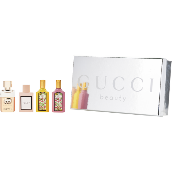 Gucci Variety by Gucci, 4 Piece With Gucci Bloom Eau De Parfum & Gucci Guilty Eau De Toilette & Gucci Flora Gorgeous Gardenia Eau De Parfum & Gucci Flora Gorgeous Orchid Eau De Parfum- All Are 0.16 oz Minis