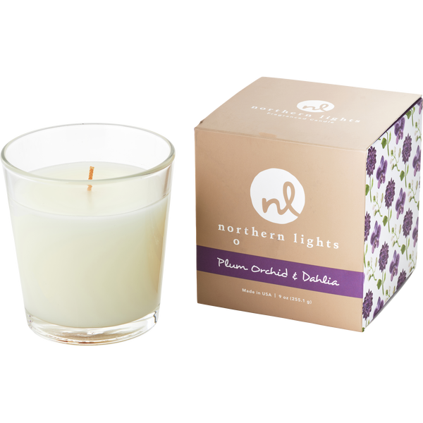 Plum Orchid & Dahlia by Northern Lights, White Candle 9 oz