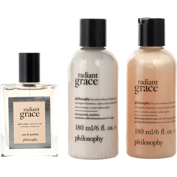 Philosophy Radiant Grace by Philosophy, Eau De Parfum Spray 2 oz & Shower Gel, Bubble Bath And Shampoo 6 oz & Body Emulsion 6 oz