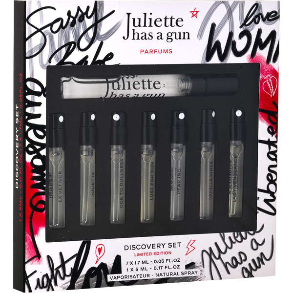 Juliette Has A Gun Variety by Juliette Has A Gun, 8 Piece Limited Edition Discovery Set With Lust For Sun & Juliette & Lady Vengeance & Ex Vetiver & Pear Inc & Vanilla Vibes & Ode To Dullness And All Are Eau De Parfum Spray Spray Vials
