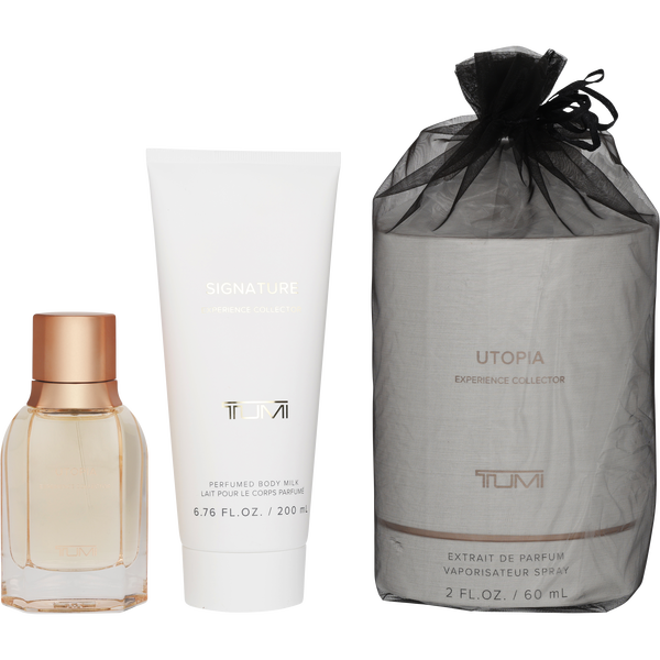 Tumi Utopia by Tumi, Extrait De Parfum Spray 2 oz & Body Milk 6.8 oz (Experience Collector)