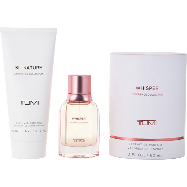 Tumi Whisper by Tumi, Extrait De Parfum Spray 2 oz & Body Milk 6.8 oz (Experience Collection)
